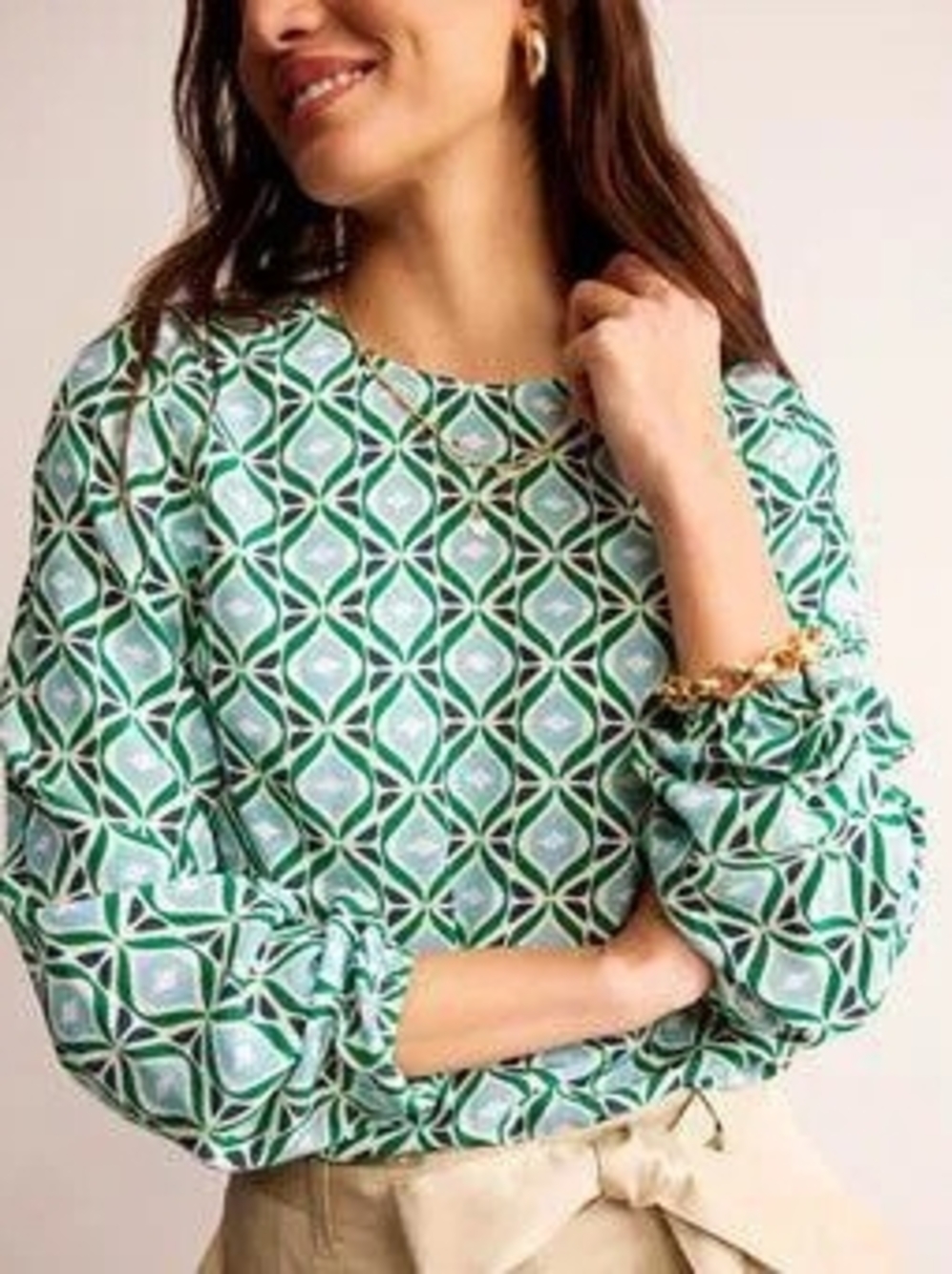 Boden Geometric Print Long Sleeve Blouse Top Blue Green Size US 2 / UK 6